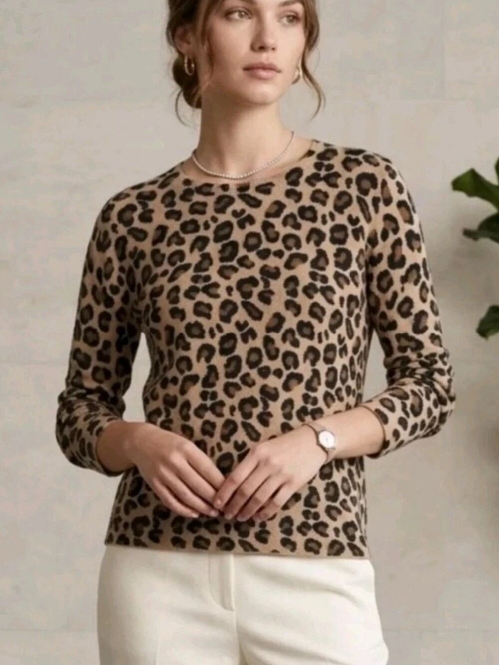 Cynthia Rowley 100% Cashmere  Crewneck Sweater - Tan & Black Animal Print M